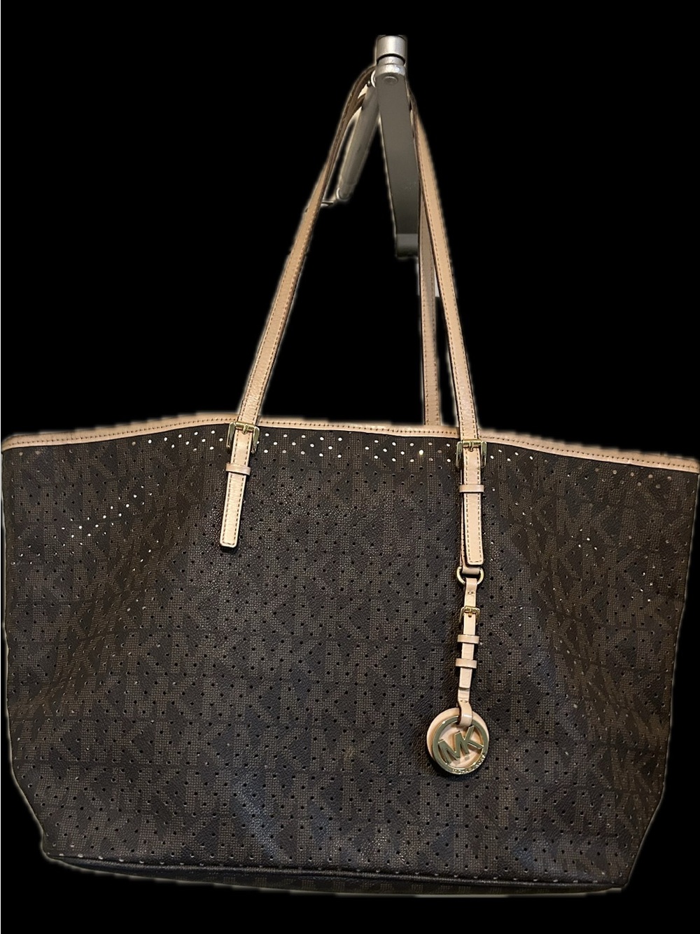 Michael Kors Black Perforated MK Monogram Tote with Beige Trim and Charm